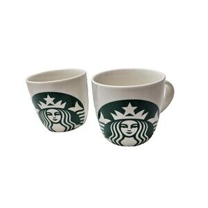 Set of 2 Starbucks Green Siren Logo Off White Coffee Mug Cup 14 oz